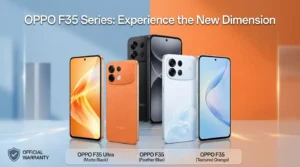 OPPO F35 Series line-up featuring OPPO F35 Ultra in Matte Black, OPPO F35 in Feather Blue, and Textured Orange displaying front screen and rear camera modules.