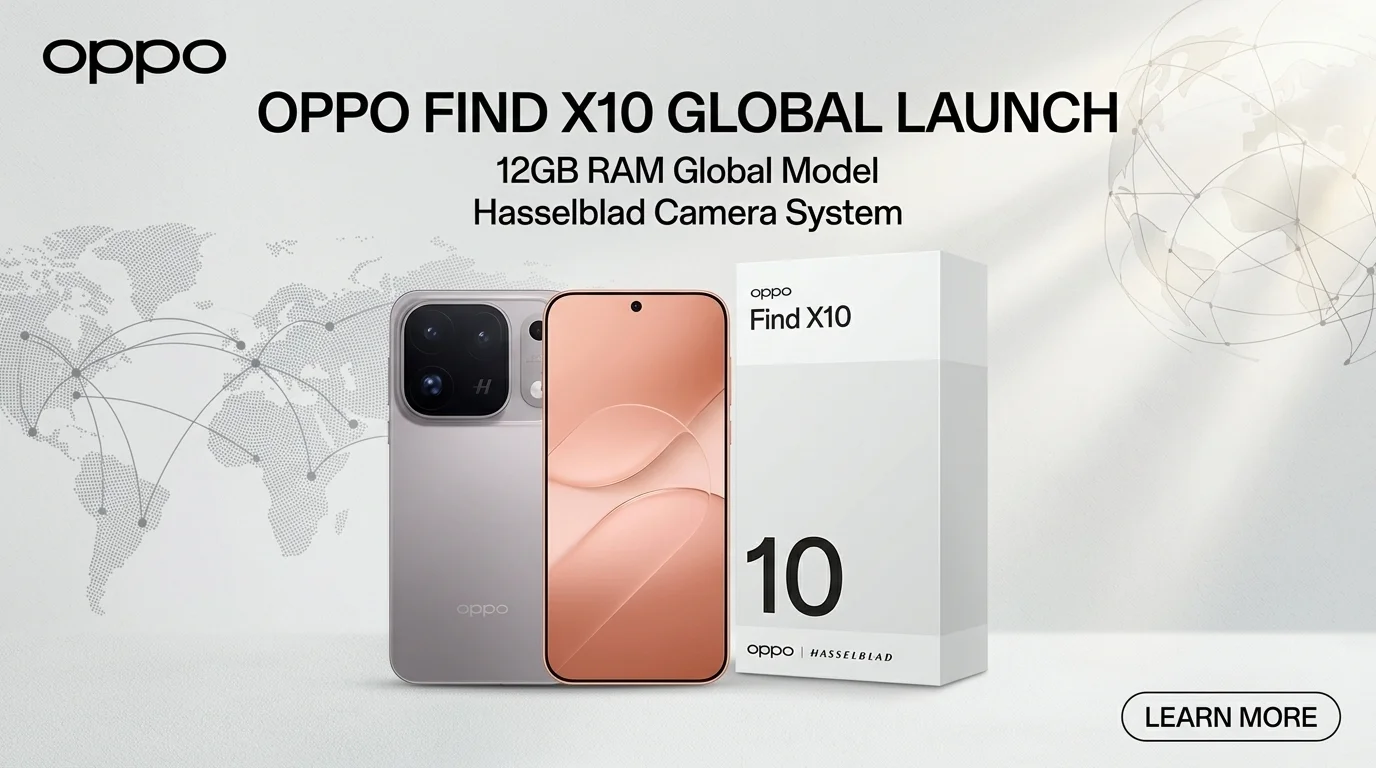 OPPO Find X10 Global Launch banner showcasing the 12GB RAM smartphone model, product box, and Hasselblad camera system against a world map background.
