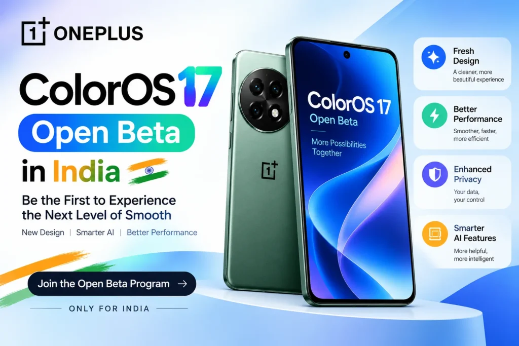 OnePlus ColorOS 17 Open Beta banner announcing update availability in India with new features and application guide.