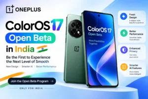 OnePlus ColorOS 17 Open Beta banner announcing update availability in India with new features and application guide.