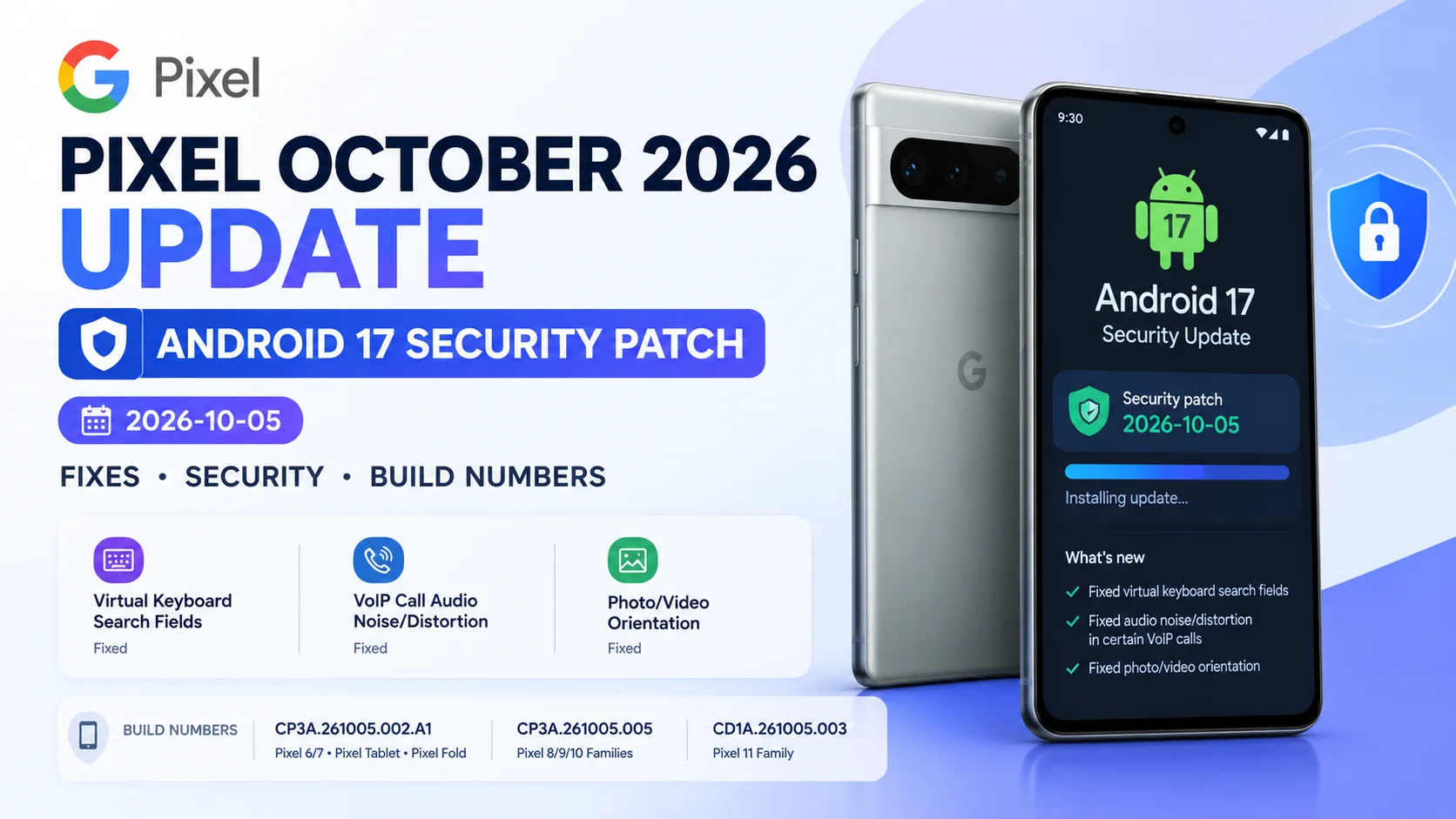Google Pixel October 2026 Security Update banner showing Android 17 patch fixes, build numbers, and device security features.
