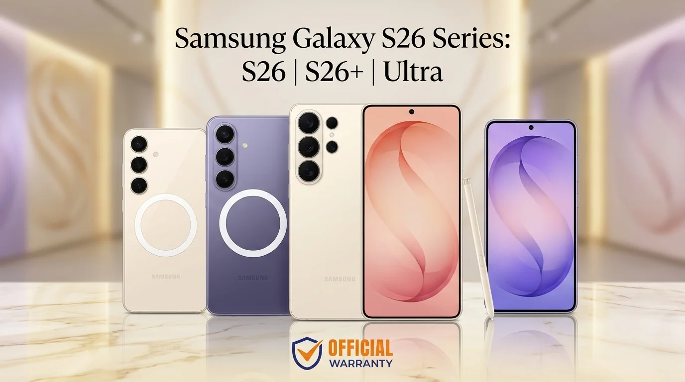 Samsung Galaxy S26, S26+, and Ultra lineup showing front displays, rear quad/triple cameras, built-in S Pen, and sleek color options.