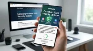 Samsung Galaxy smartphone displaying the October 2026 Security Update screen with 9 Critical Android Fixes and Galaxy App Patches next to a computer displaying a blog post.
