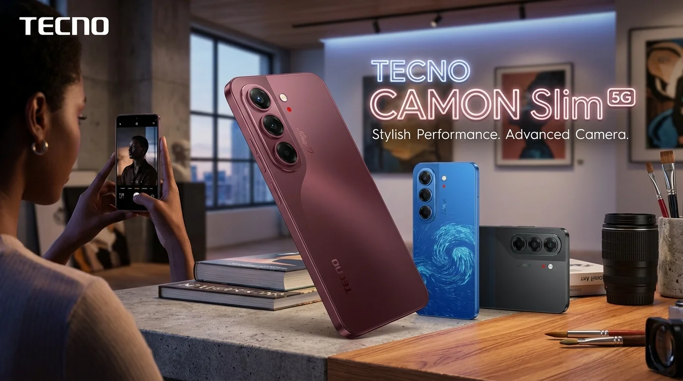 TECNO CAMON Slim 5G featuring Burgundy Red, Van Gogh Blue, and Matisse Black color variants with stylish slim design and advanced camera.