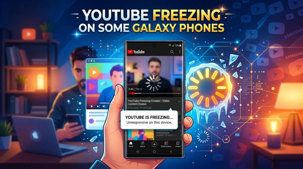 Design a perfect website post feature image titled: YouTube Freezing on Some Galaxy Phones