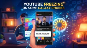Design a perfect website post feature image titled: YouTube Freezing on Some Galaxy Phones