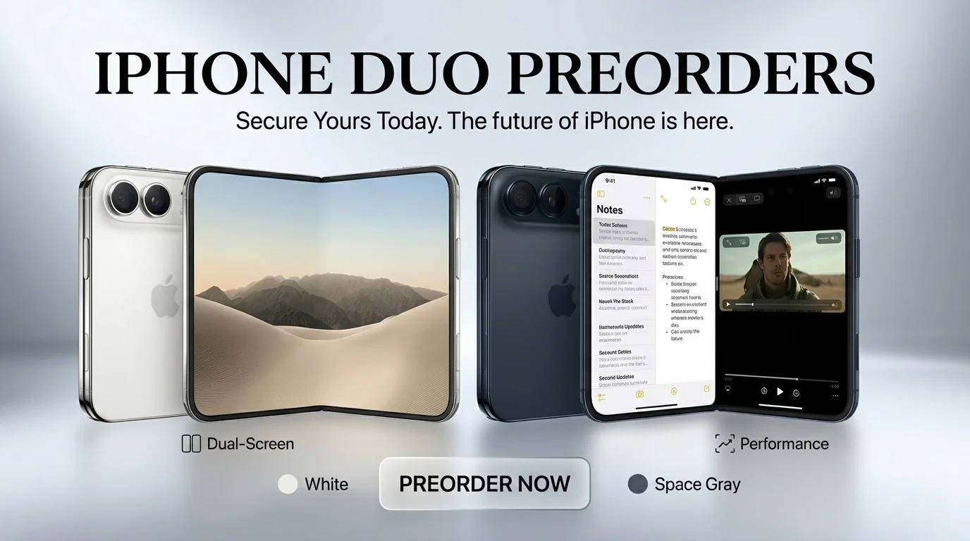 iPhone Duo preorders promo graphic showing Apple foldable phone in Star White and Night Sky with dual screen display.