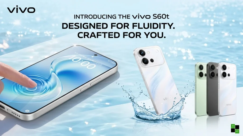 vivo S60t 5G banner featuring display, camera design, and water-resistance rating