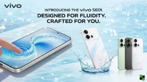 vivo S60t 5G banner featuring display, camera design, and water-resistance rating