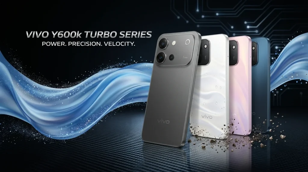 vivo Y600k Turbo 5G promo banner featuring black, white, pink, and blue color variants with power, precision, velocity slogan.